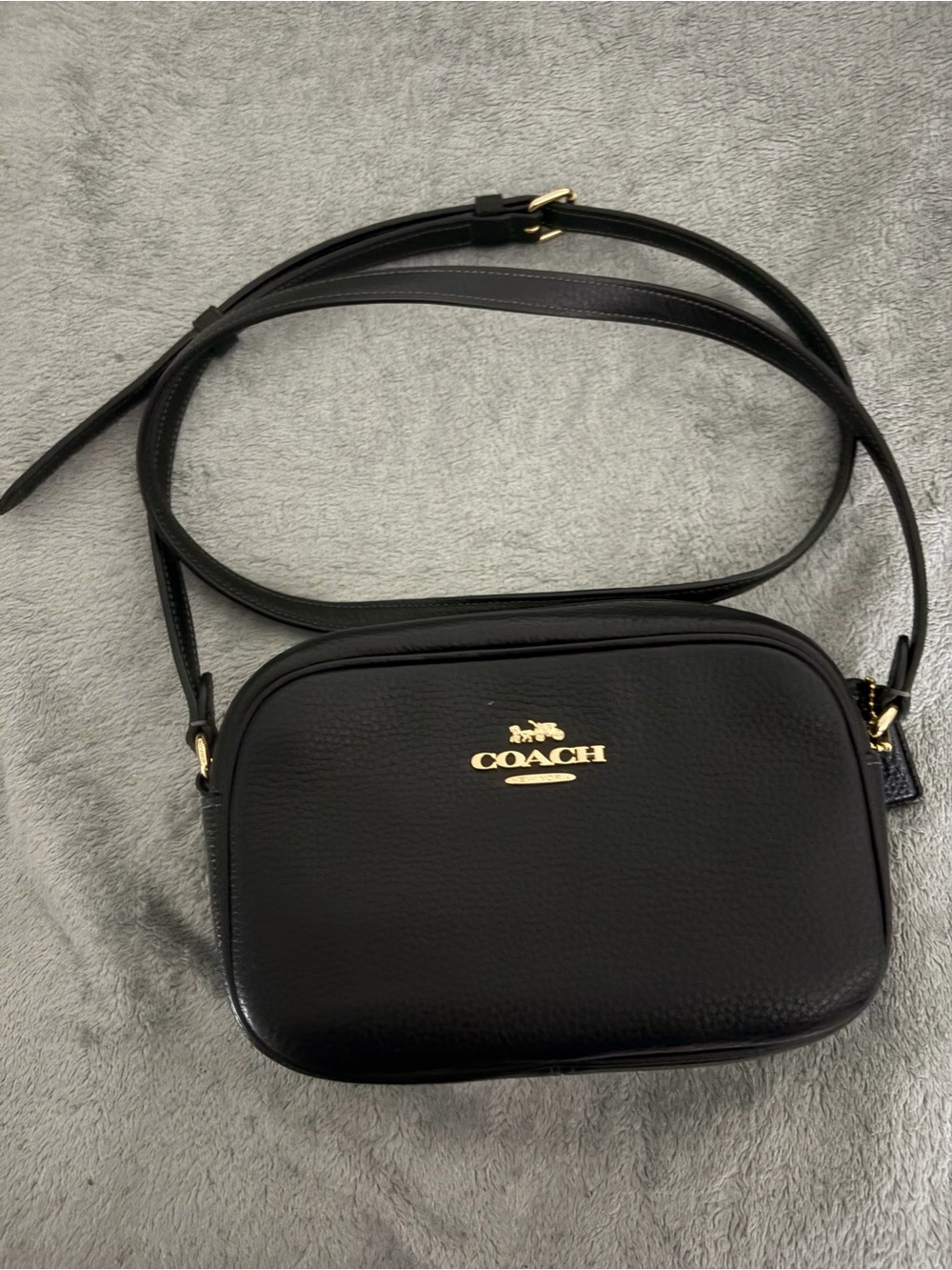 COACH Black Pebbled Leather Small Camera Crossbody with Gold Hardware